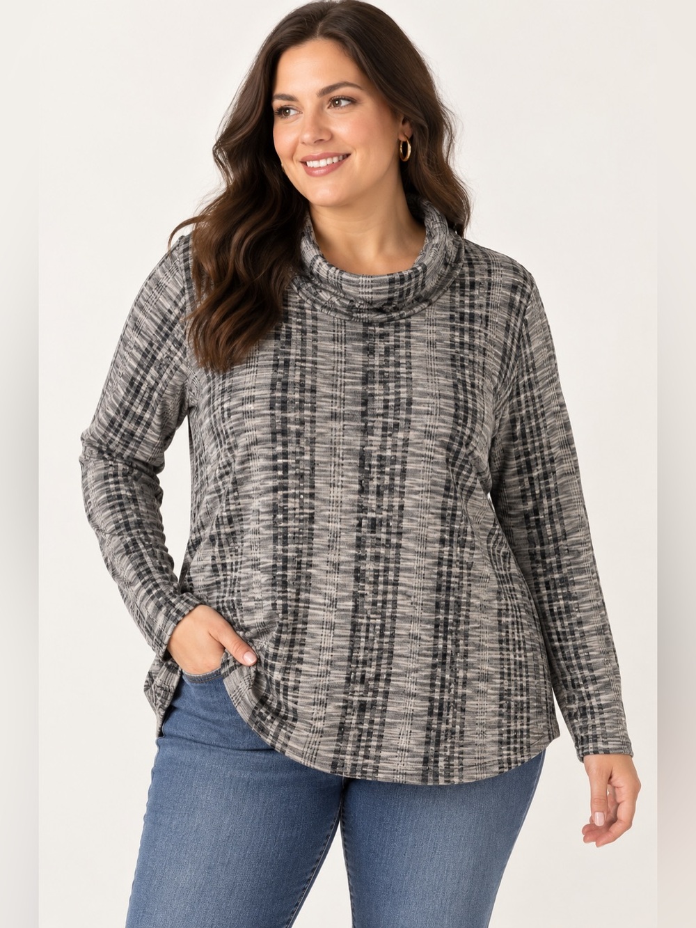 Knox Rose Women’s XXL Gray Black Plaid Cowl Neck Long Sleeve Top